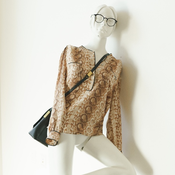 GERARD DAREL Silk Snake Skin Print Button Front Blouse Brown EU 38, US 6 - Picture 6 of 8